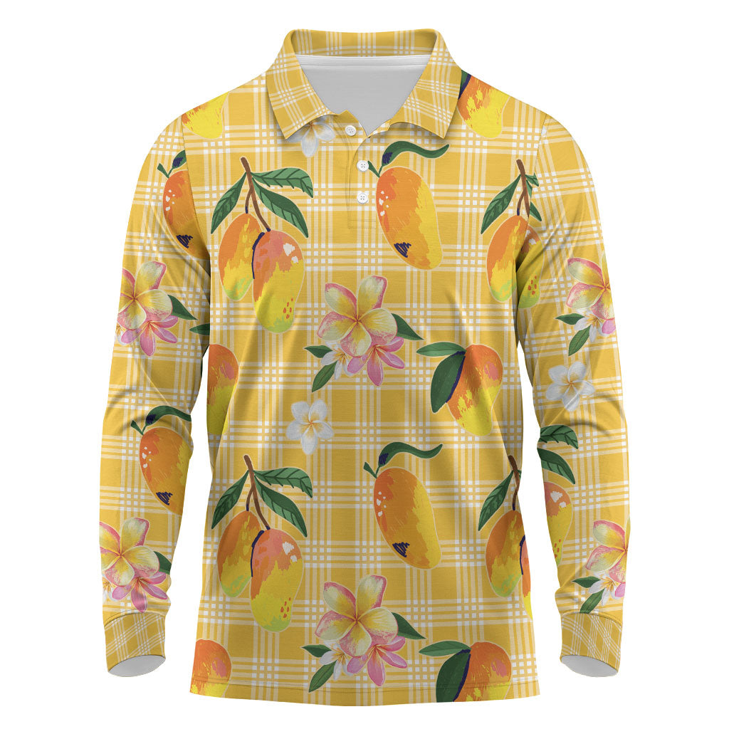 Aloha Hawaii Palaka Print Mango Plumeria Long Sleeve Polo Shirt Fresh Lemon LT7 Yellow - Polynesian Pride