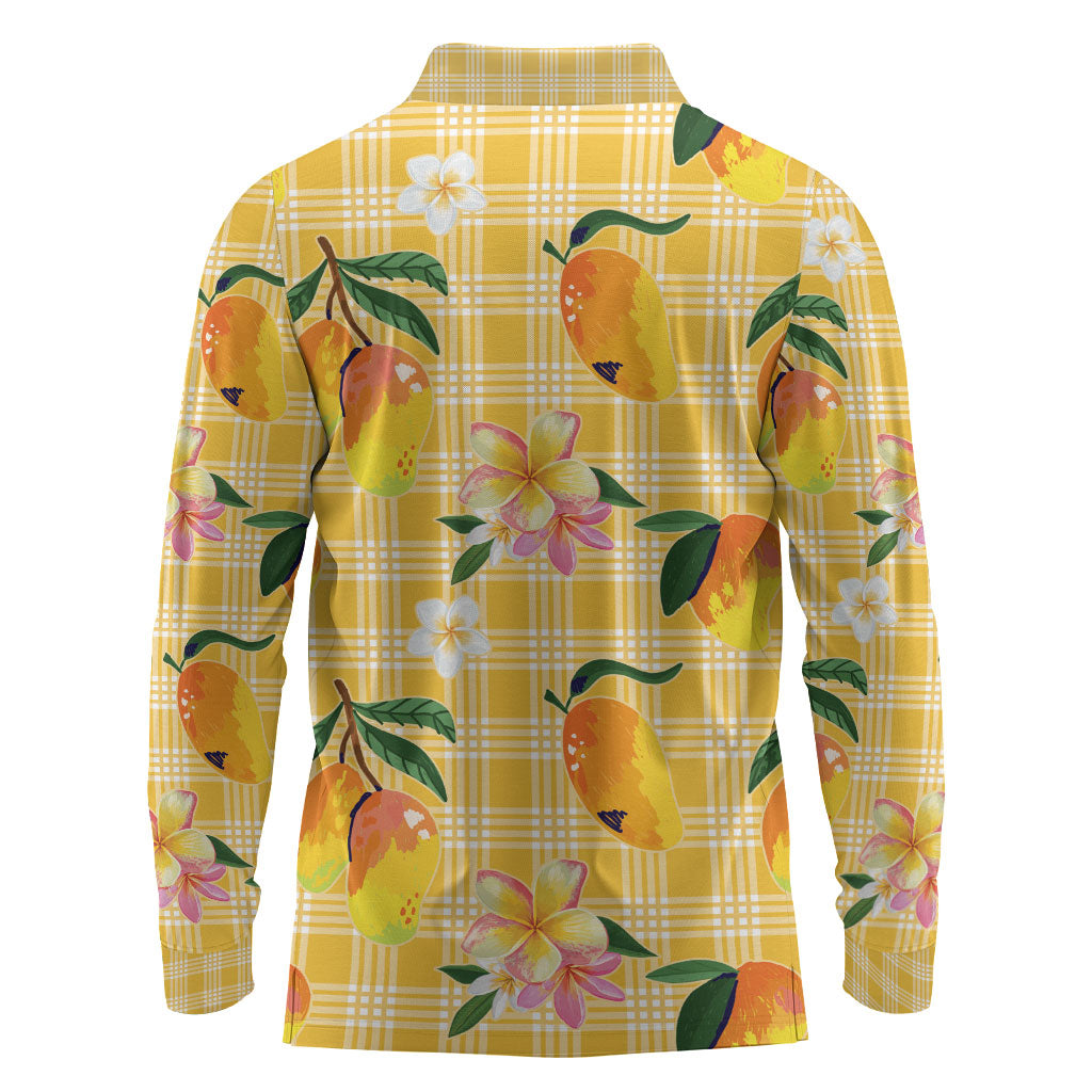 Aloha Hawaii Palaka Print Mango Plumeria Long Sleeve Polo Shirt Fresh Lemon LT7 - Polynesian Pride