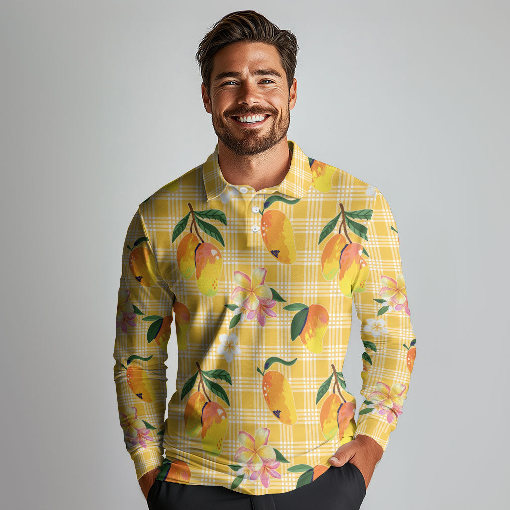 Aloha Hawaii Palaka Print Mango Plumeria Long Sleeve Polo Shirt Fresh Lemon LT7 - Polynesian Pride
