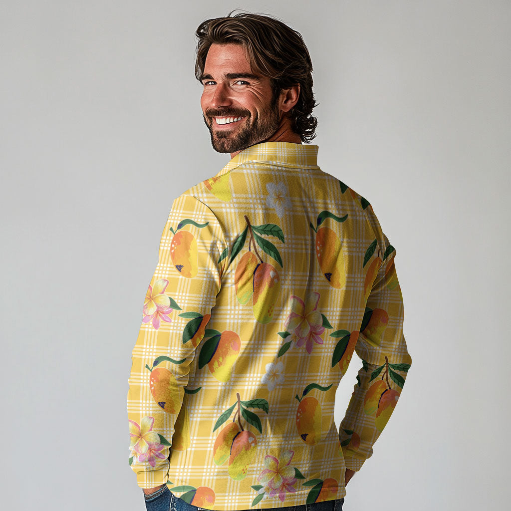 Aloha Hawaii Palaka Print Mango Plumeria Long Sleeve Polo Shirt Fresh Lemon LT7 - Polynesian Pride