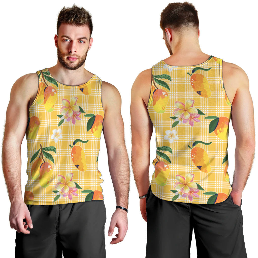 Aloha Hawaii Palaka Print Mango Plumeria Men Tank Top Fresh Lemon LT7 - Polynesian Pride