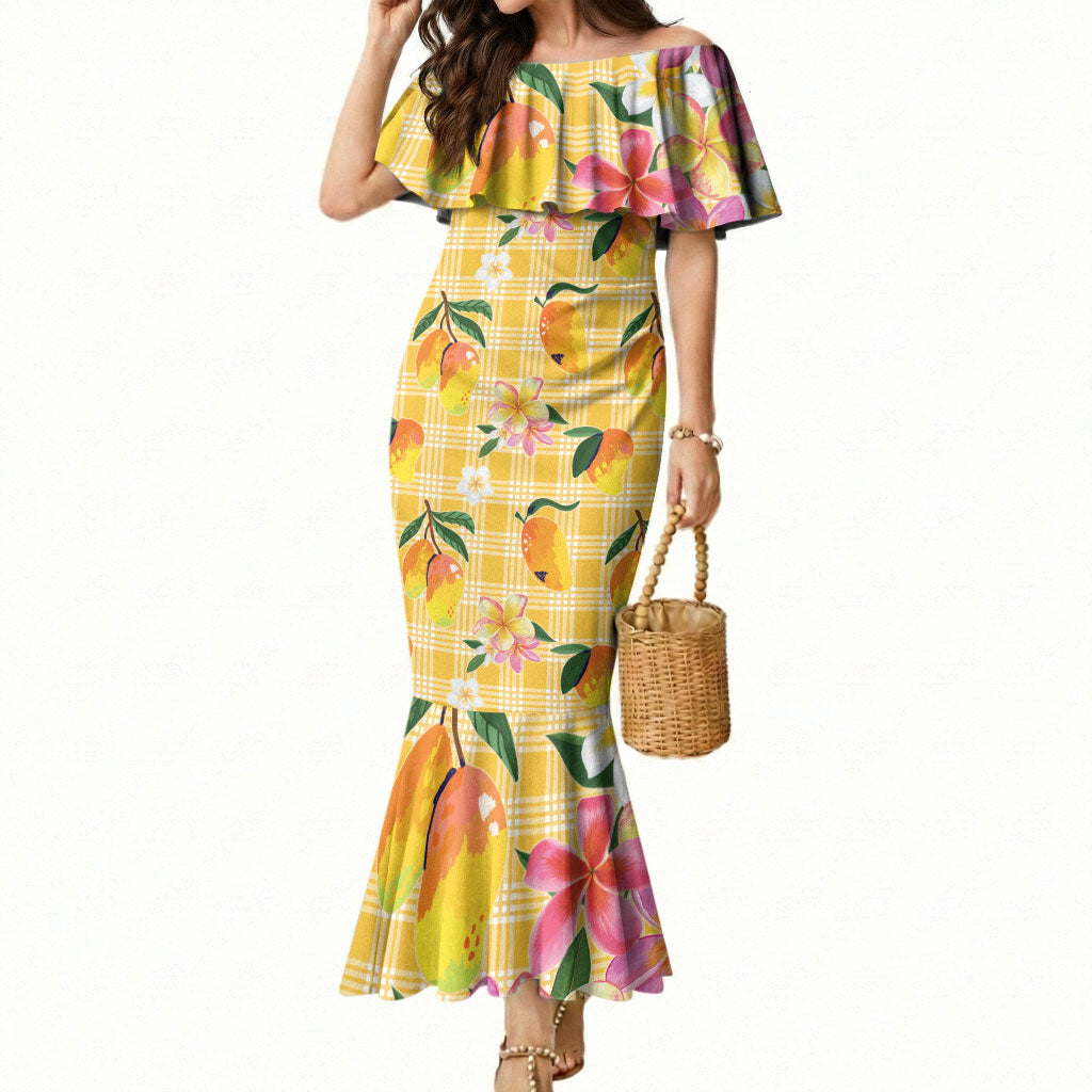 Aloha Hawaii Palaka Print Mango Plumeria Mermaid Dress Fresh Lemon LT7 Women Yellow - Polynesian Pride