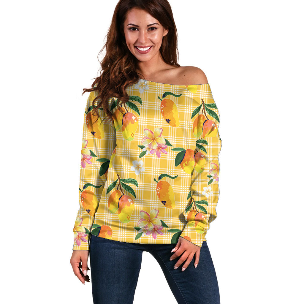 Aloha Hawaii Palaka Print Mango Plumeria Off Shoulder Sweater Fresh Lemon LT7 Women Yellow - Polynesian Pride
