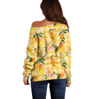 Aloha Hawaii Palaka Print Mango Plumeria Off Shoulder Sweater Fresh Lemon LT7 - Polynesian Pride