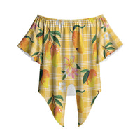 Aloha Hawaii Palaka Print Mango Plumeria Off Shoulder Wrap Waist Top Fresh Lemon LT7 Yellow - Polynesian Pride