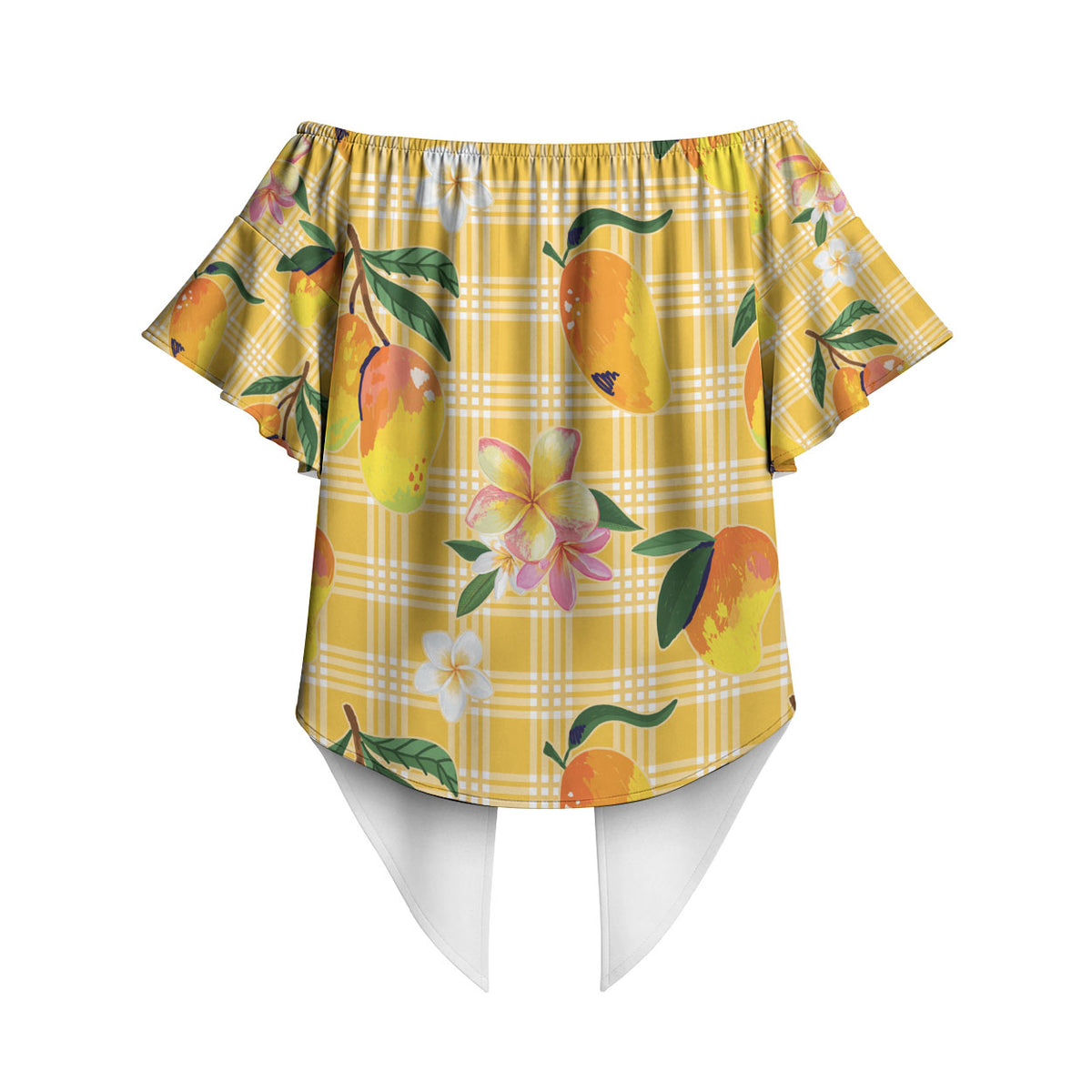 Aloha Hawaii Palaka Print Mango Plumeria Off Shoulder Wrap Waist Top Fresh Lemon LT7 - Polynesian Pride