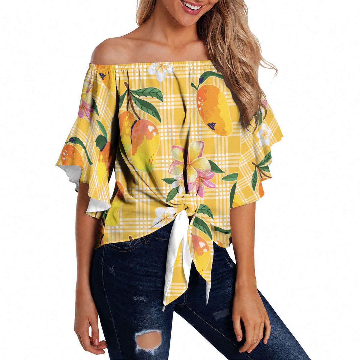 Aloha Hawaii Palaka Print Mango Plumeria Off Shoulder Wrap Waist Top Fresh Lemon LT7 - Polynesian Pride