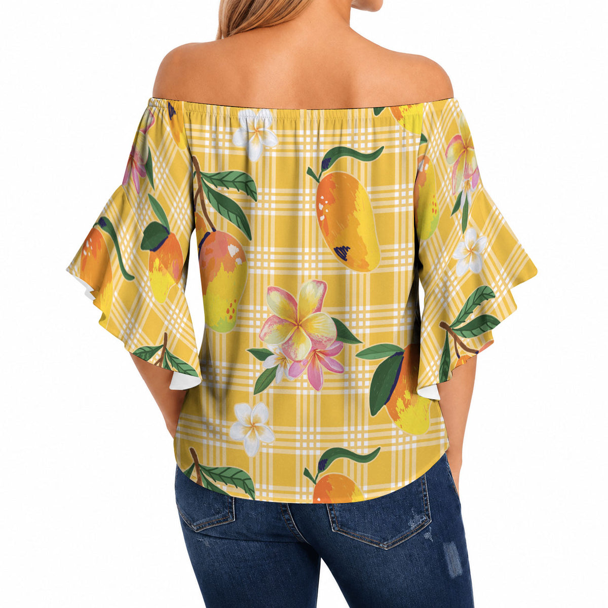 Aloha Hawaii Palaka Print Mango Plumeria Off Shoulder Wrap Waist Top Fresh Lemon LT7 - Polynesian Pride