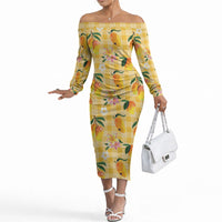 Aloha Hawaii Palaka Print Mango Plumeria Off The Shoulder Long Sleeve Dress Fresh Lemon LT7 Women Yellow - Polynesian Pride