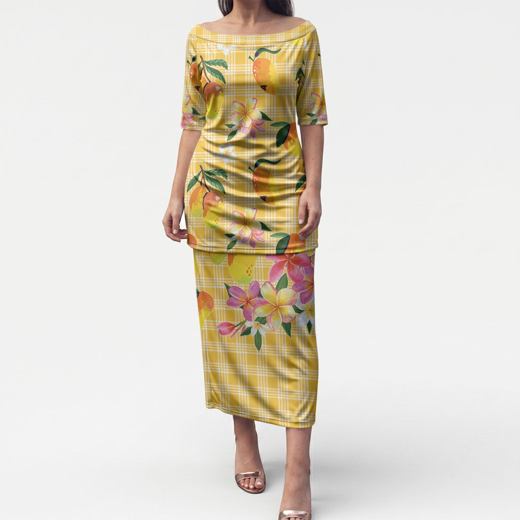 Aloha Hawaii Palaka Print Mango Plumeria Puletasi Fresh Lemon LT7 Long Dress Yellow - Polynesian Pride