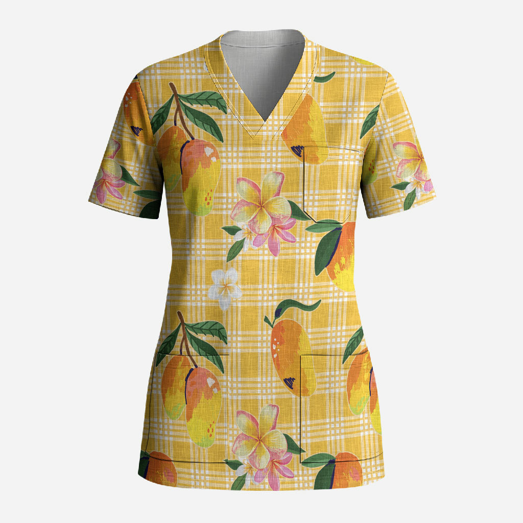 Aloha Hawaii Palaka Print Mango Plumeria Scrub Top Fresh Lemon LT7 Adult Yellow - Polynesian Pride