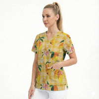 Aloha Hawaii Palaka Print Mango Plumeria Scrub Top Fresh Lemon LT7 - Polynesian Pride