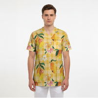 Aloha Hawaii Palaka Print Mango Plumeria Scrub Top Fresh Lemon LT7 - Polynesian Pride