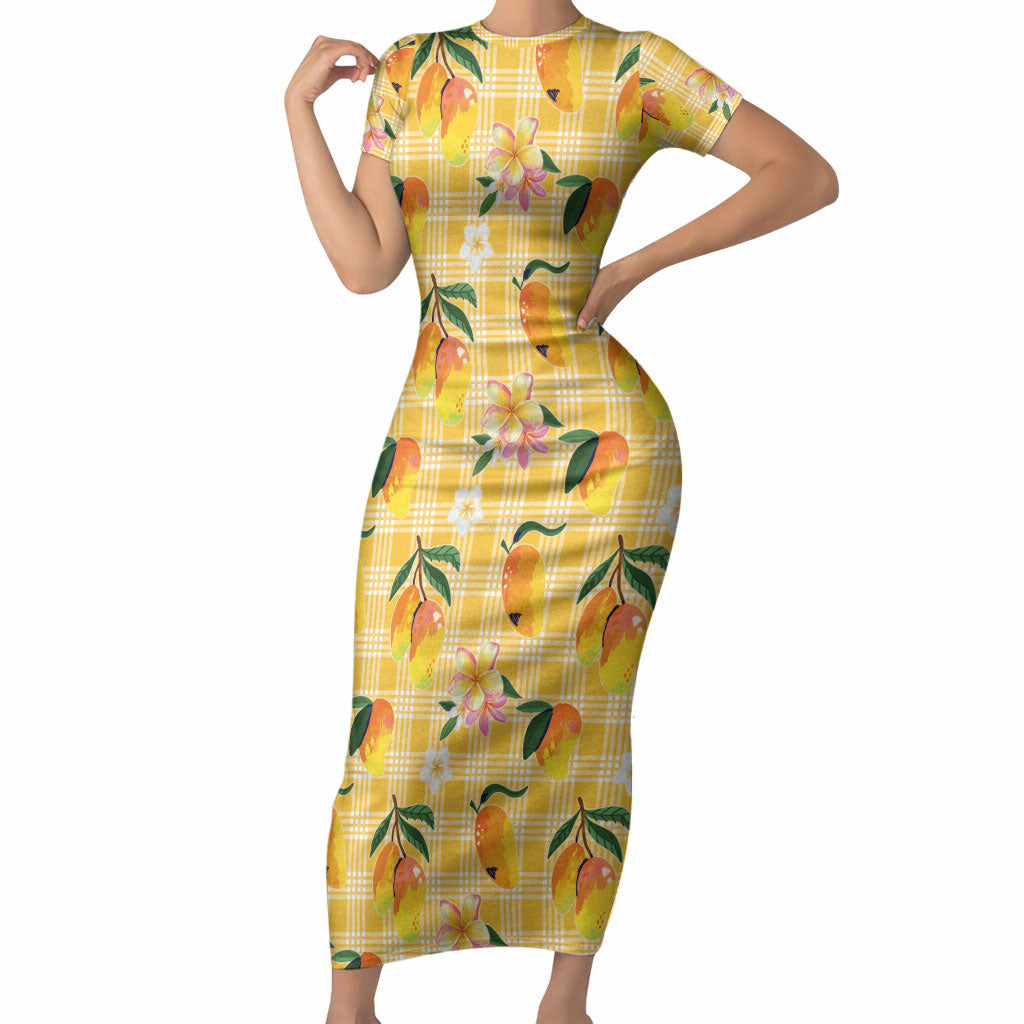 Aloha Hawaii Palaka Print Mango Plumeria Short Sleeve Bodycon Dress Fresh Lemon LT7 Long Dress Yellow - Polynesian Pride