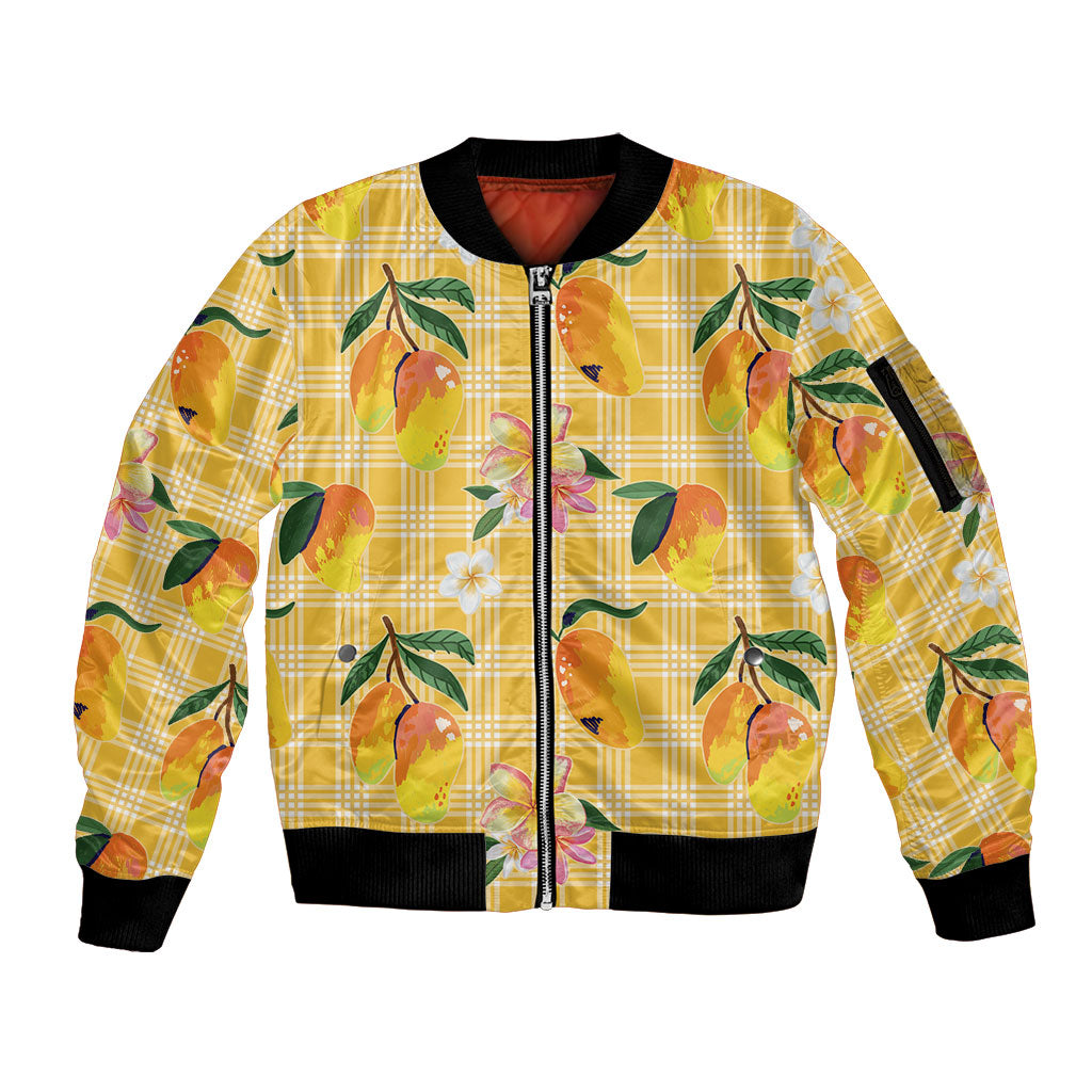 Aloha Hawaii Palaka Print Mango Plumeria Sleeve Zip Bomber Jacket Fresh Lemon LT7 Unisex Yellow - Polynesian Pride