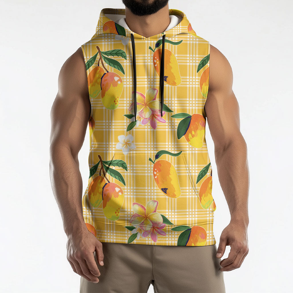 Aloha Hawaii Palaka Print Mango Plumeria Sleeveless Hoodie Fresh Lemon LT7 - Polynesian Pride