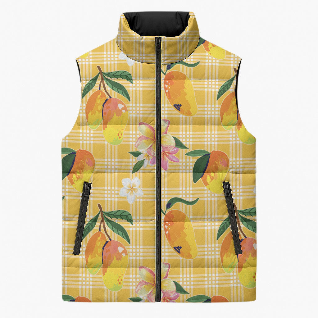 Aloha Hawaii Palaka Print Mango Plumeria Sleeveless Puffer Jacket Fresh Lemon LT7 Unisex Yellow - Polynesian Pride
