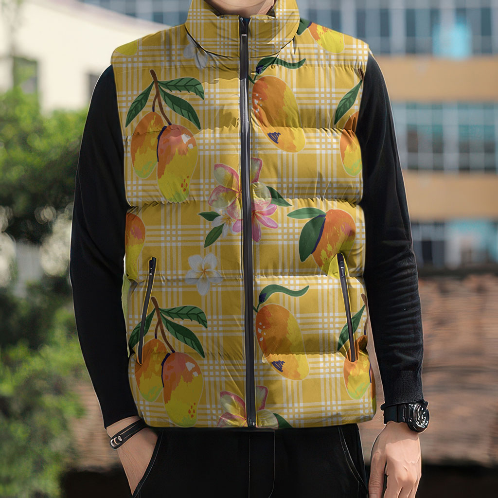 Aloha Hawaii Palaka Print Mango Plumeria Sleeveless Puffer Jacket Fresh Lemon LT7 - Polynesian Pride
