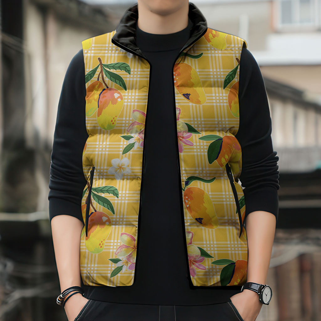 Aloha Hawaii Palaka Print Mango Plumeria Sleeveless Puffer Jacket Fresh Lemon LT7 - Polynesian Pride