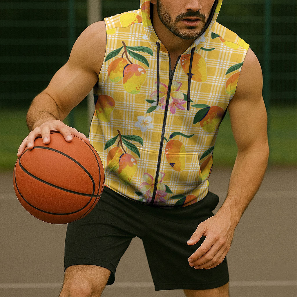 Aloha Hawaii Palaka Print Mango Plumeria Sleeveless Zip Hoodie Fresh Lemon LT7 - Polynesian Pride