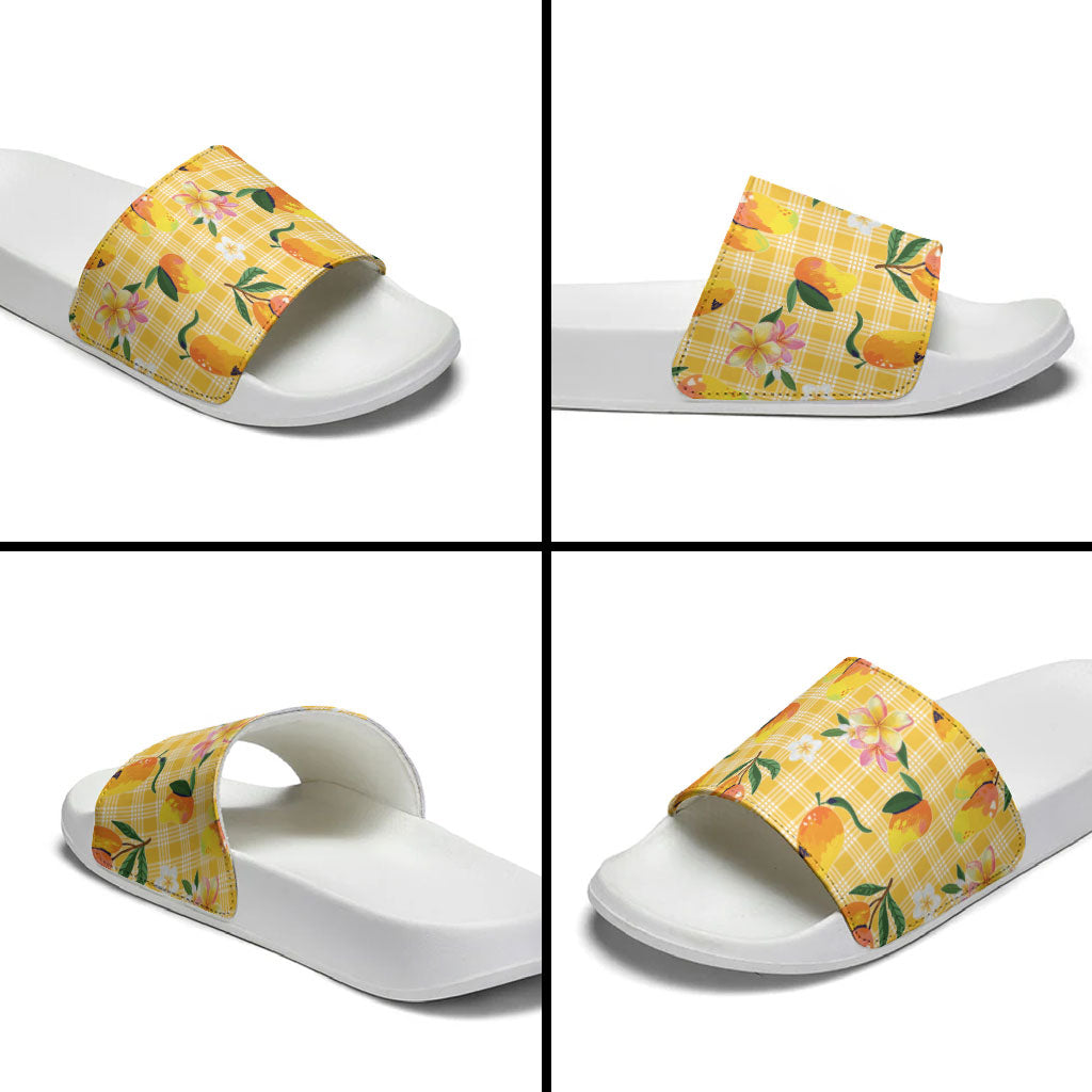 Aloha Hawaii Palaka Print Mango Plumeria Slide Sandals Fresh Lemon LT7 - Polynesian Pride