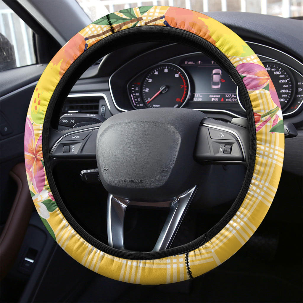Aloha Hawaii Palaka Print Mango Plumeria Steering Wheel Cover Fresh Lemon LT7 - Polynesian Pride