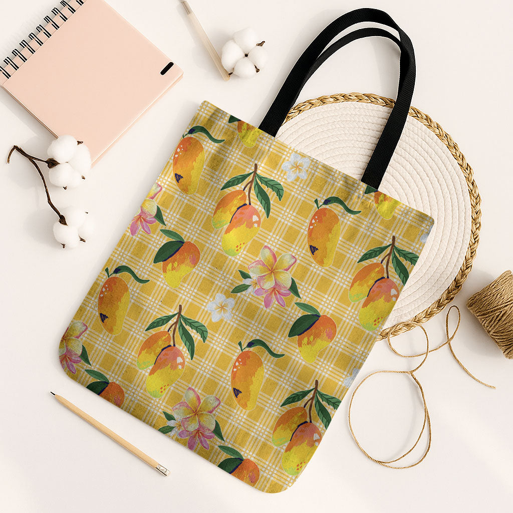 Aloha Hawaii Palaka Print Mango Plumeria Tote Bag Fresh Lemon LT7 Black Strap One Size Yellow - Polynesian Pride