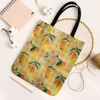 Aloha Hawaii Palaka Print Mango Plumeria Tote Bag Fresh Lemon LT7 Black Strap One Size Yellow - Polynesian Pride