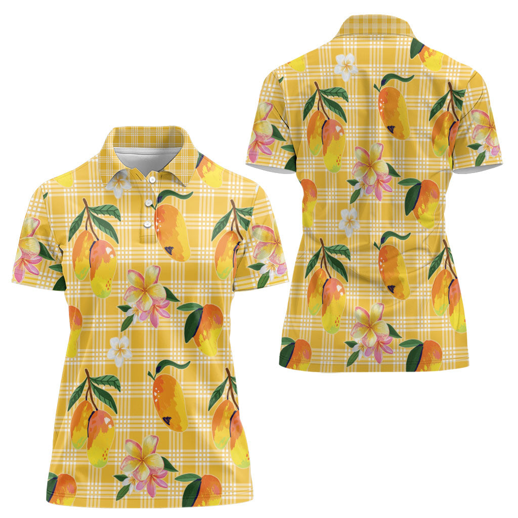 Aloha Hawaii Palaka Print Mango Plumeria Women Polo Shirt Fresh Lemon LT7 - Polynesian Pride