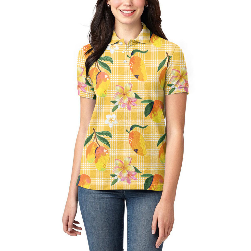 Aloha Hawaii Palaka Print Mango Plumeria Women Polo Shirt Fresh Lemon LT7 - Polynesian Pride