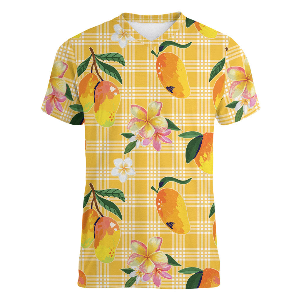 Aloha Hawaii Palaka Print Mango Plumeria Women V-Neck T-Shirt Fresh Lemon LT7 Female Yellow - Polynesian Pride