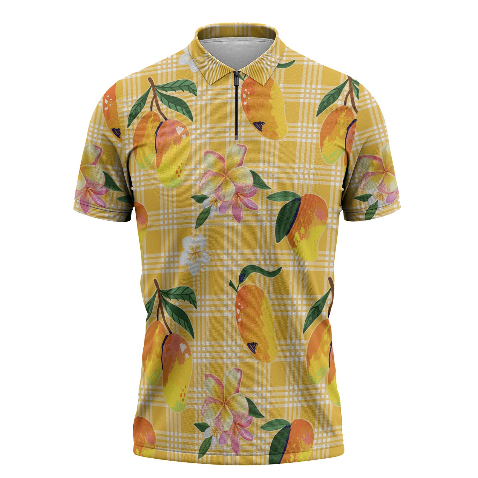 Aloha Hawaii Palaka Print Mango Plumeria Zipper Polo Shirt Fresh Lemon LT7 Yellow - Polynesian Pride