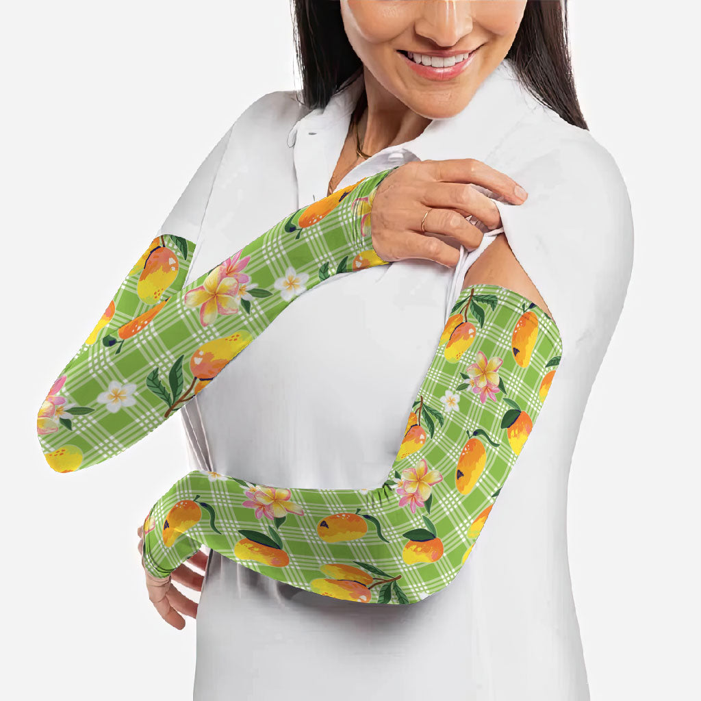 Aloha Hawaii Palaka Print Mango Plumeria Arm Sleeves Cool Mint LT7 - Polynesian Pride