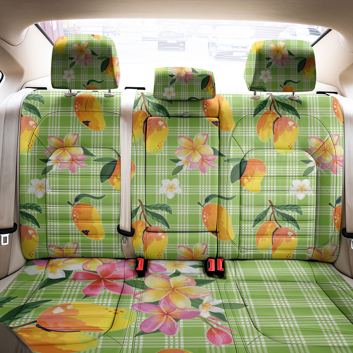 Aloha Hawaii Palaka Print Mango Plumeria Back Car Seat Cover Cool Mint LT7 - Polynesian Pride