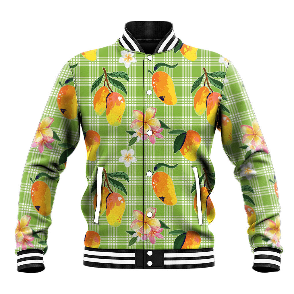 Aloha Hawaii Palaka Print Mango Plumeria Baseball Jacket Cool Mint LT7 Unisex Mint - Polynesian Pride
