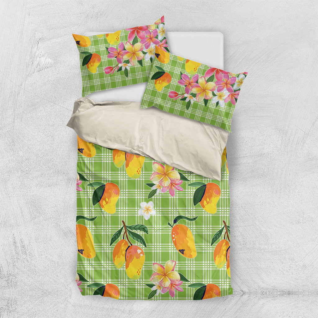 Aloha Hawaii Palaka Print Mango Plumeria Bedding Set Cool Mint LT7 US Twin 172cm x 218cm Mint - Polynesian Pride