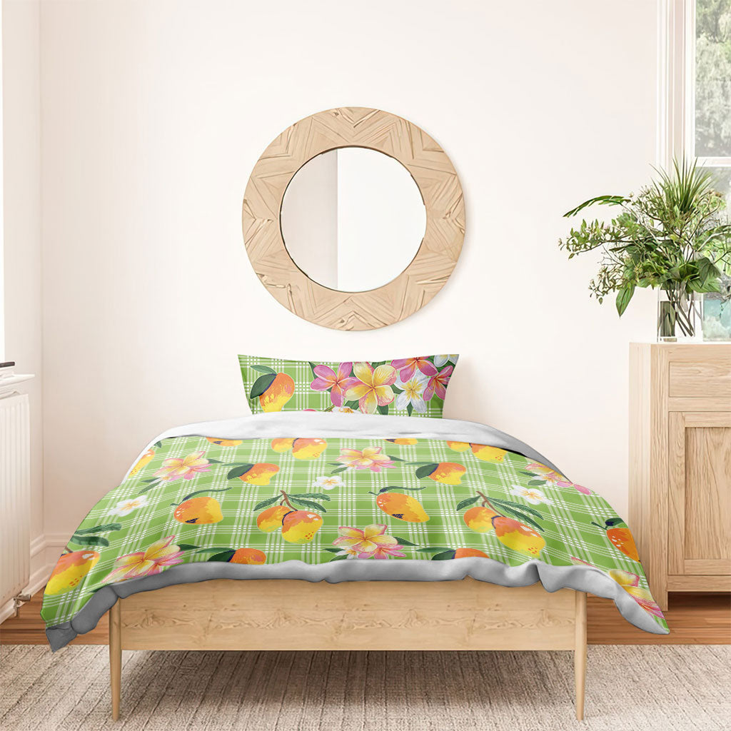 Aloha Hawaii Palaka Print Mango Plumeria Bedding Set Cool Mint LT7 - Polynesian Pride