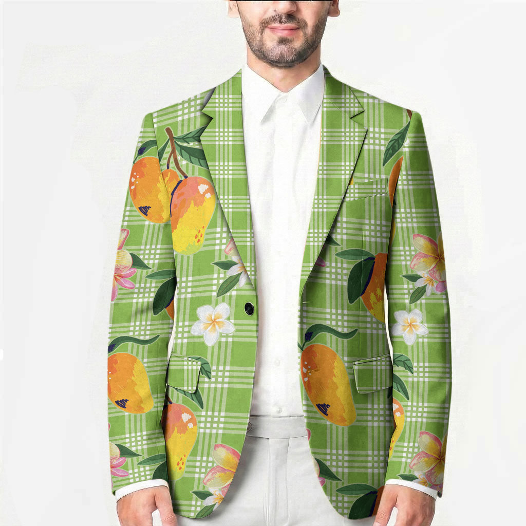 Aloha Hawaii Palaka Print Mango Plumeria Blazer Cool Mint LT7 - Polynesian Pride