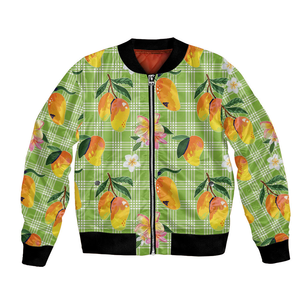 Aloha Hawaii Palaka Print Mango Plumeria Bomber Jacket Cool Mint LT7 Unisex Mint - Polynesian Pride