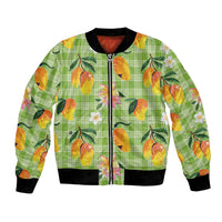 Aloha Hawaii Palaka Print Mango Plumeria Bomber Jacket Cool Mint LT7 Unisex Mint - Polynesian Pride
