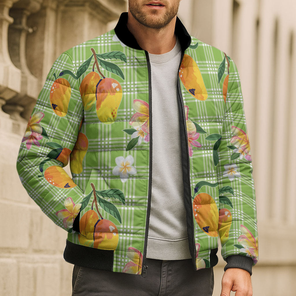 Aloha Hawaii Palaka Print Mango Plumeria Bomber Puffer Jacket Cool Mint LT7 - Polynesian Pride