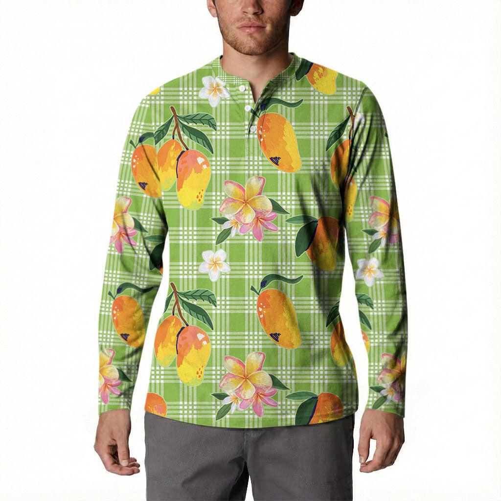 Aloha Hawaii Palaka Print Mango Plumeria Button Sweatshirt Cool Mint LT7 - Polynesian Pride