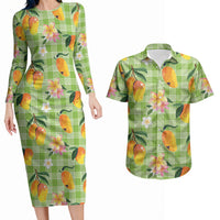 Aloha Hawaii Palaka Print Mango Plumeria Couples Matching Long Sleeve Bodycon Dress and Hawaiian Shirt Cool Mint LT7 Mint - Polynesian Pride