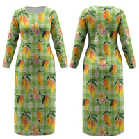 Aloha Hawaii Palaka Print Mango Plumeria Couples Matching Long Sleeve Bodycon Dress and Hawaiian Shirt Cool Mint LT7 - Polynesian Pride