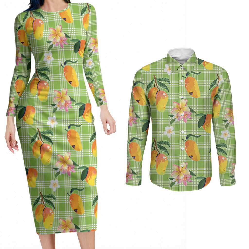 Aloha Hawaii Palaka Print Mango Plumeria Couples Matching Long Sleeve Bodycon Dress and Long Sleeve Button Shirt Cool Mint LT7 Mint - Polynesian Pride