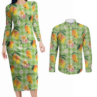 Aloha Hawaii Palaka Print Mango Plumeria Couples Matching Long Sleeve Bodycon Dress and Long Sleeve Button Shirt Cool Mint LT7 Mint - Polynesian Pride