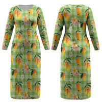 Aloha Hawaii Palaka Print Mango Plumeria Couples Matching Long Sleeve Bodycon Dress and Long Sleeve Button Shirt Cool Mint LT7 - Polynesian Pride