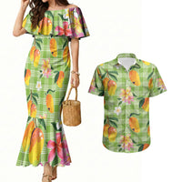 Aloha Hawaii Palaka Print Mango Plumeria Couples Matching Mermaid Dress and Hawaiian Shirt Cool Mint LT7 Mint - Polynesian Pride