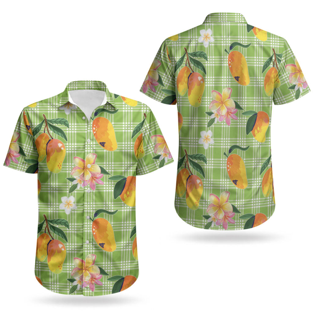 Aloha Hawaii Palaka Print Mango Plumeria Couples Matching Mermaid Dress and Hawaiian Shirt Cool Mint LT7 - Polynesian Pride