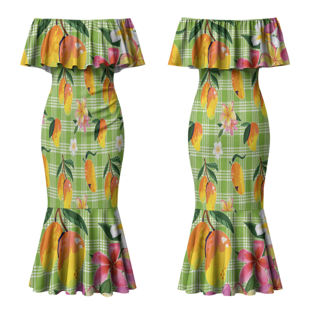 Aloha Hawaii Palaka Print Mango Plumeria Couples Matching Mermaid Dress and Hawaiian Shirt Cool Mint LT7 - Polynesian Pride